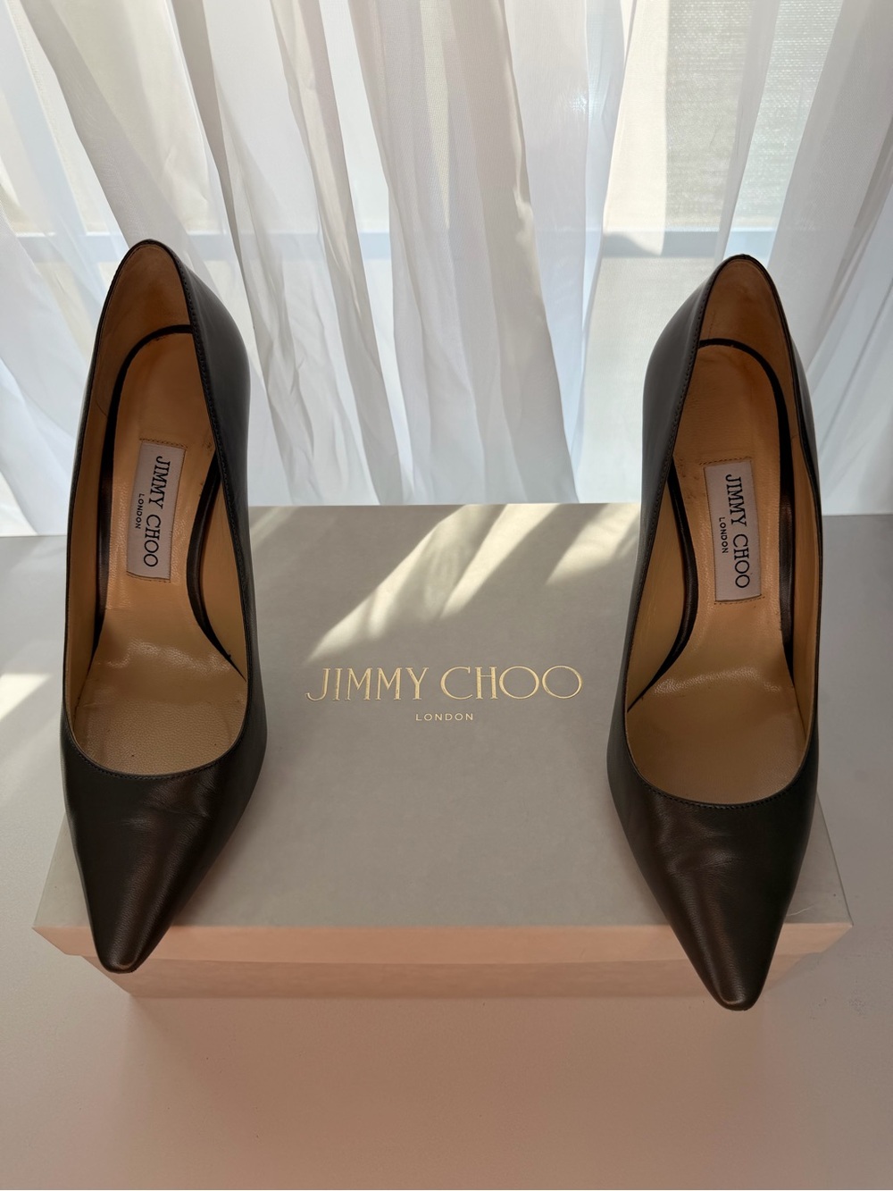 Jimmy Choo Classic Dark Grey Leather Pointed Toe Pumps